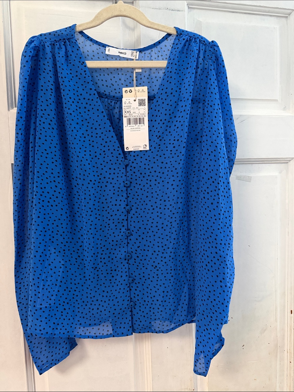 NWT Mango Royal Blue Button-Front Polka Dot Blouse - Size XXS